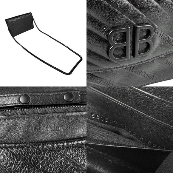 BALENCIAGA Black Leather Wallet Chain Shoulder Bag Metal Z4004 - Picture 5 of 5